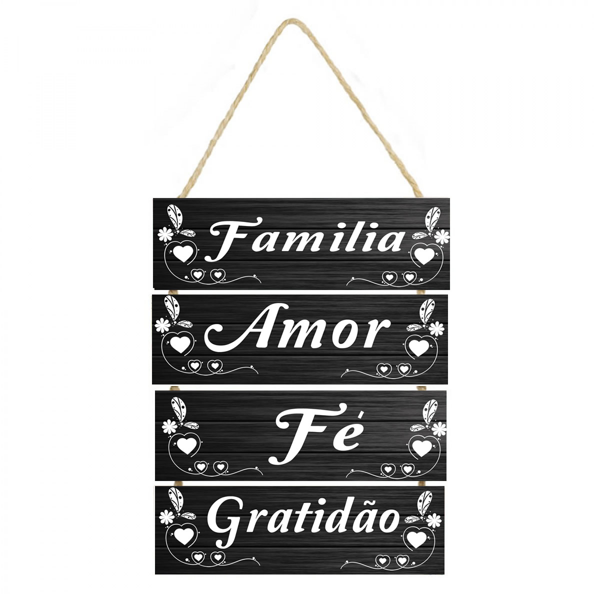 moldura 4 placas Placa decorativa com corda frase Família, amor, fé, gratidão cod 28