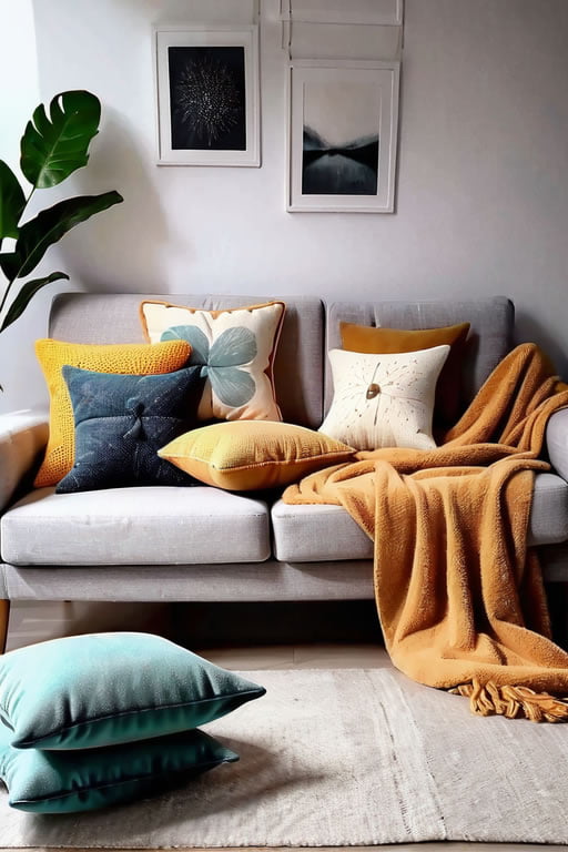 cozy home imagem de almofadas felpudas e mantas em um sof 943200198