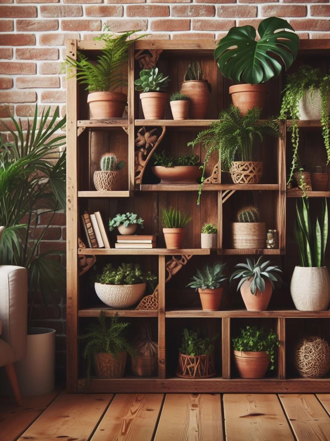 Natureza em Casa: Estante de Madeira e Plantas para uma Decoração Verdejante