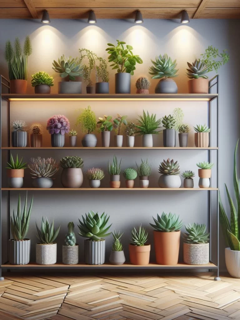 Uma estante de madeira para plantas