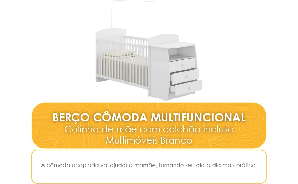 Berço Cômoda Multifuncional Colinho de mãe com colchão incluso Multimóveis Branco 