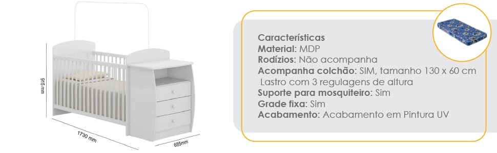 Berço Cômoda Multifuncional Colinho de mãe com colchão incluso Multimóveis Branco 