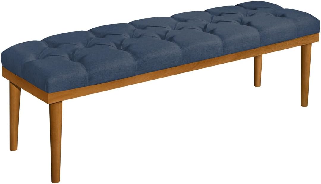 Banco Estofado 100m Linho Premium Com Base De Madeira Azul
