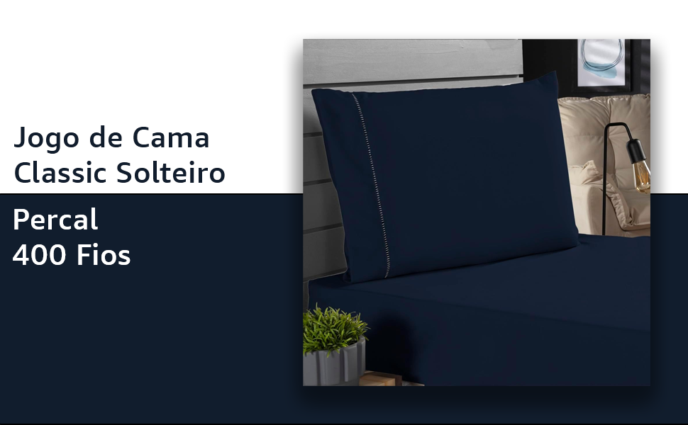 Jogo Cama Classic Solteiro Percal 400 Fios Ponto Palito Antiácaro Anti pilling Toque Macio Azul