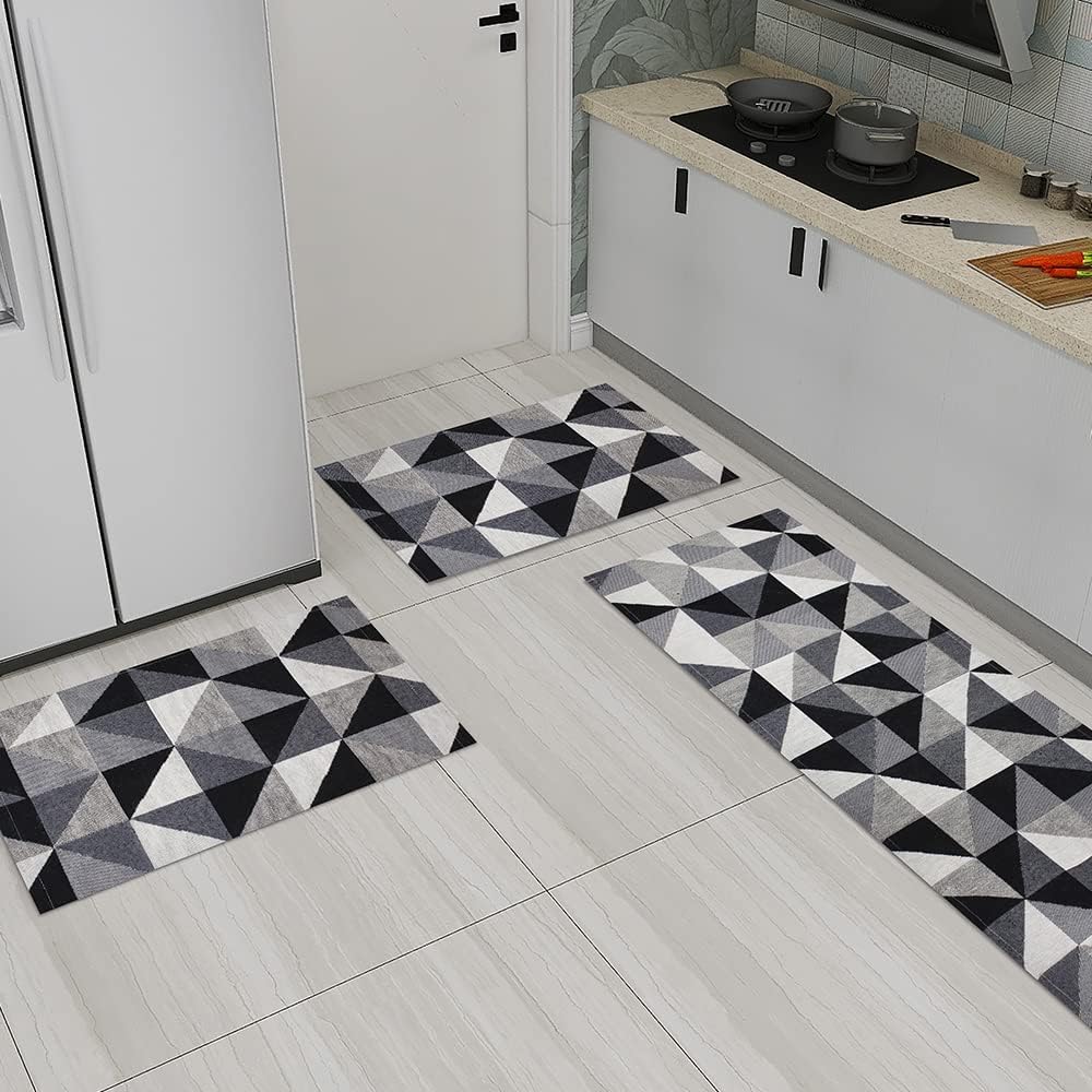 Kit Tapete de Cozinha 3 Pecas Antiderrapante Mosaico Preto Cinza