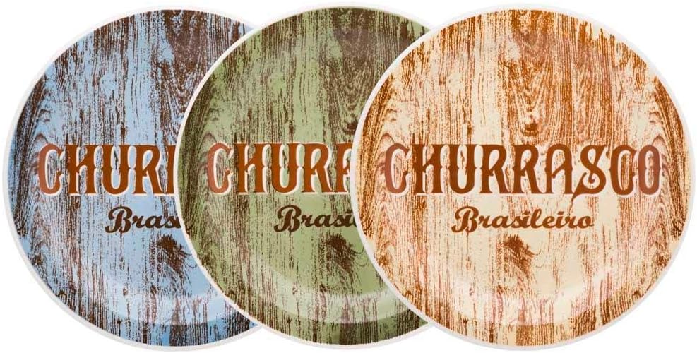 1 Conjunto com 3 Pratos Raso Oxford Daily Churrasco Multicor