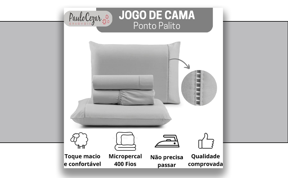 Jogo Cama Queen Percal Ponto Palito Antiácaro Anti pilling Toque Macio Cinza