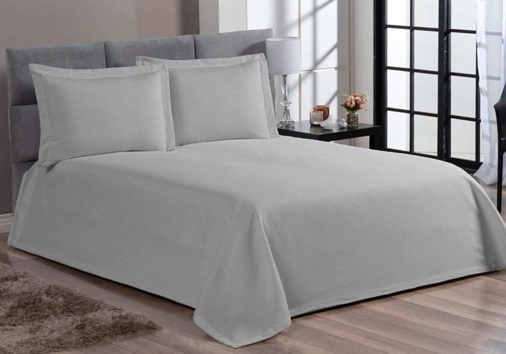 Cobre Leito Colcha Cama Queen Piquet Cinza Algodao 3 Pecas