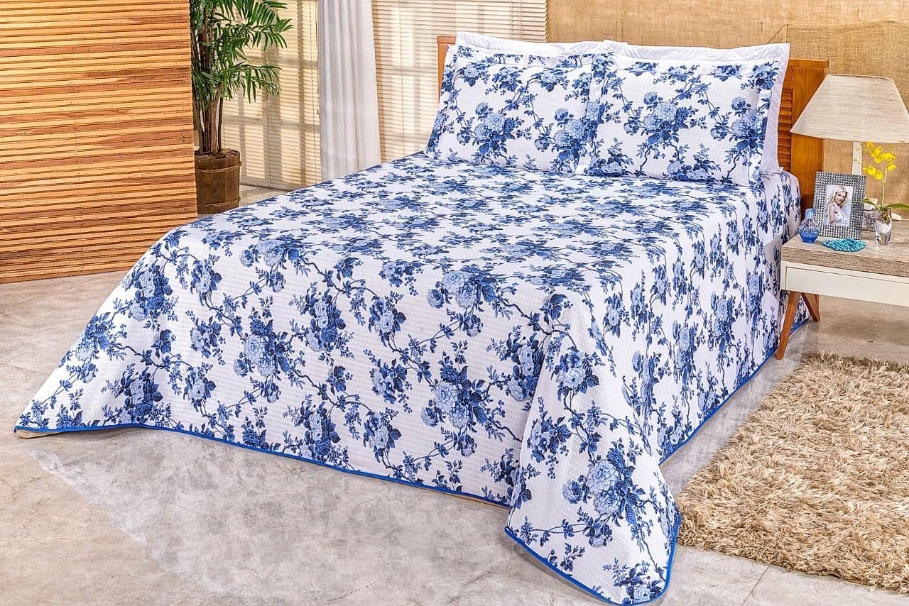 Cobre Leito Colcha Piquet Estampa Floral Azul Casal Queen