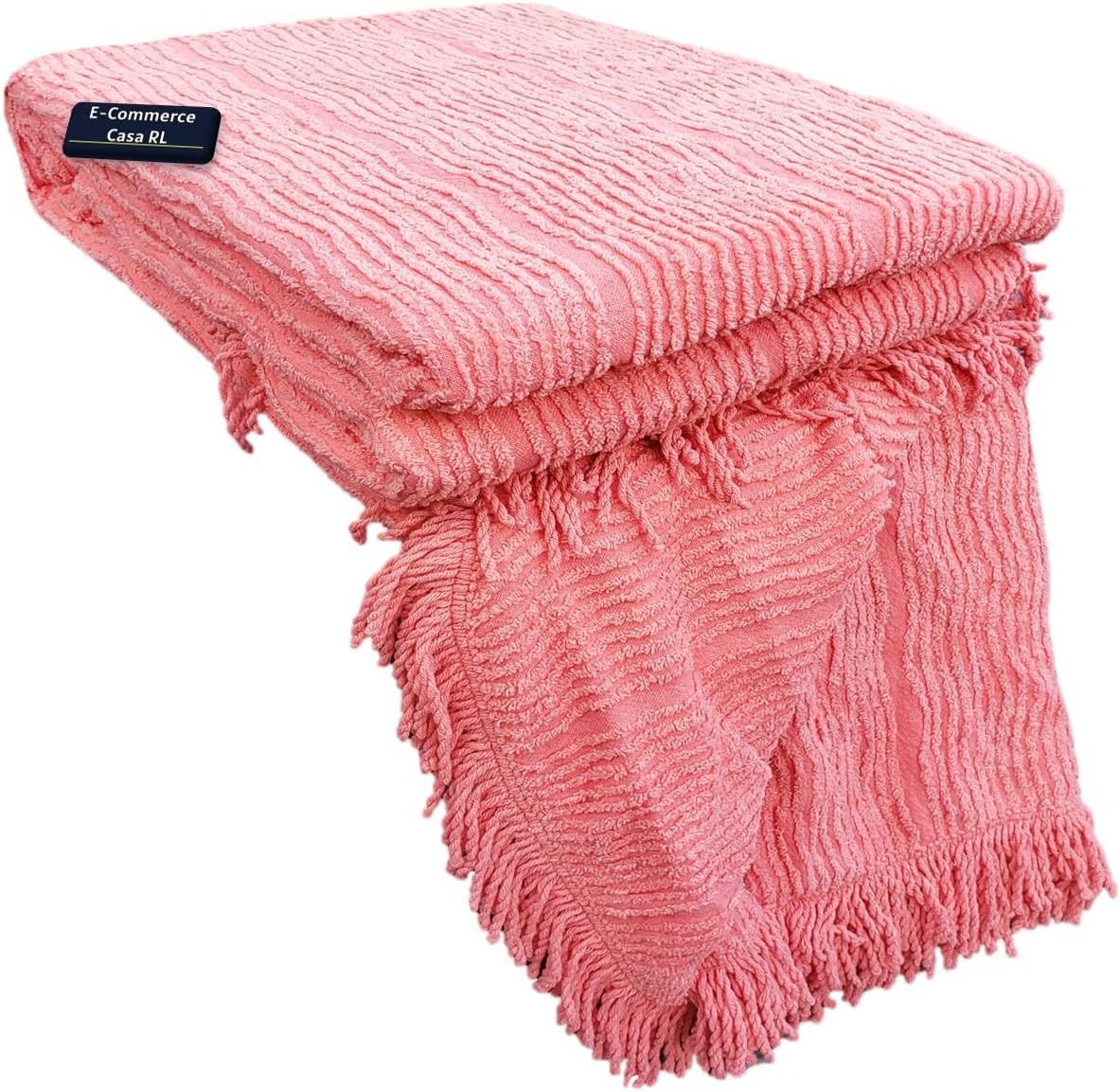 Colcha de Chenille Tradicional CasalSolteiro em Algodao Exportacao Pessego Rosa