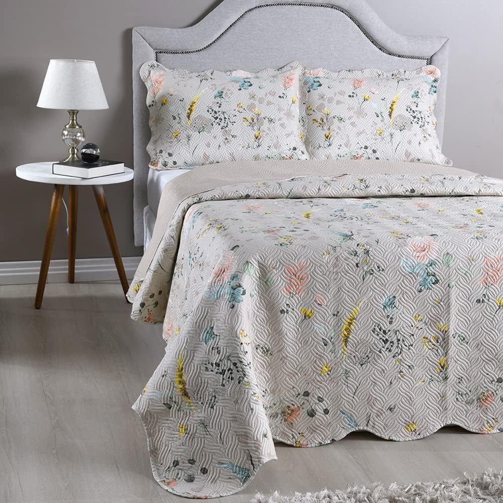 Kit Cobre Leito Colcha Queen 3 Pecas Boutis Estampada Dupla