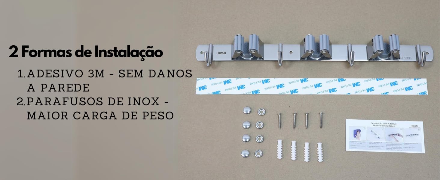 Porta Vassouras de Parede com Ganchos Suporte de Parede para Vassouras em Aço Inox Vassoureiro