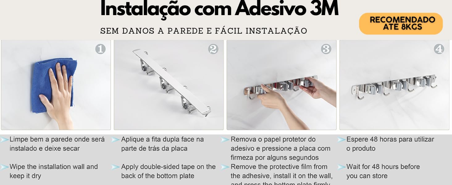 Porta Vassouras de Parede com Ganchos Suporte de Parede para Vassouras em Aço Inox Vassoureiro