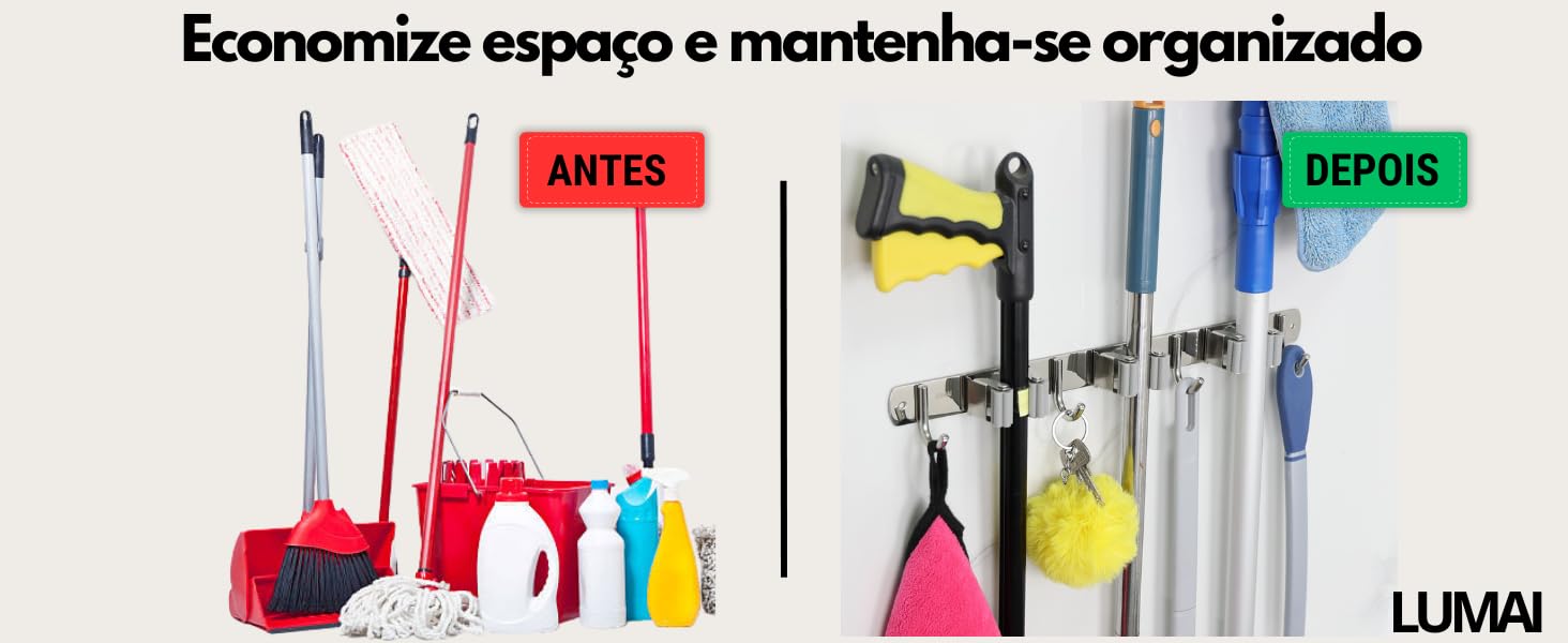 Porta Vassouras de Parede com Ganchos Suporte de Parede para Vassouras em Aço Inox Vassoureiro