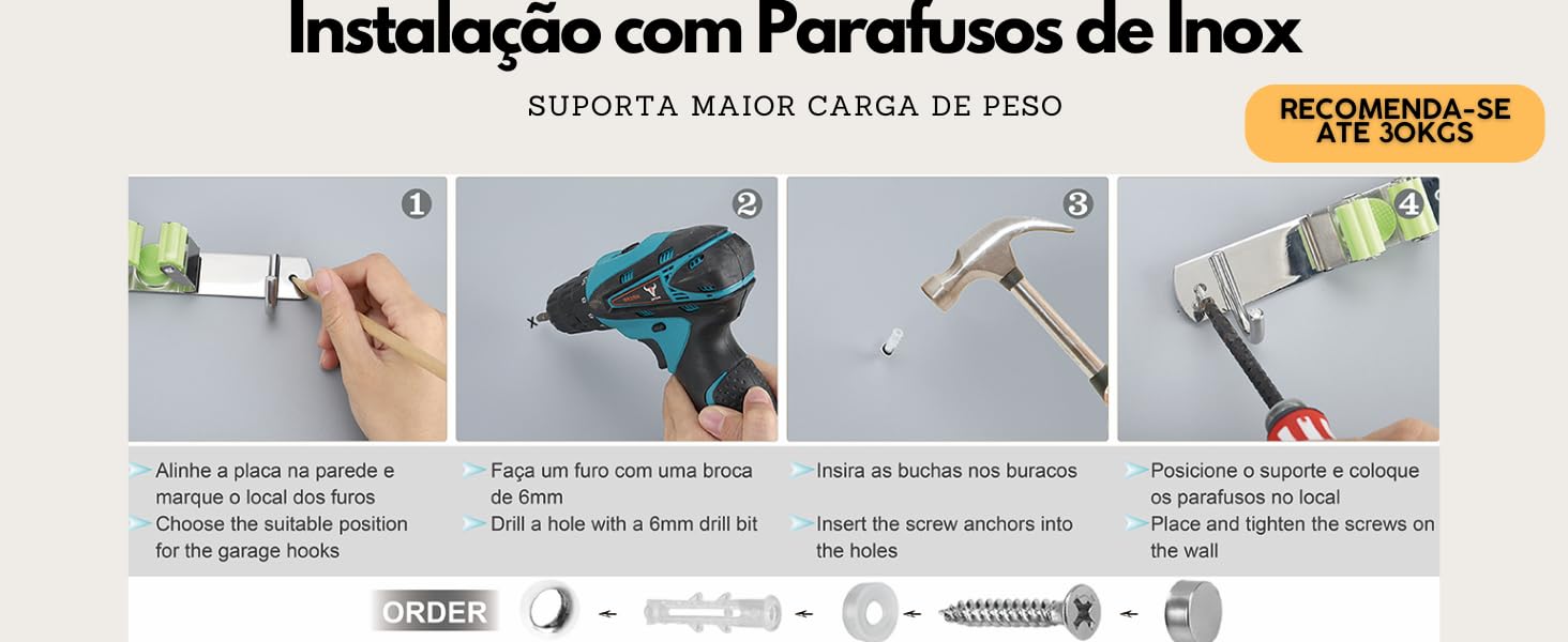 Porta Vassouras de Parede com Ganchos Suporte de Parede para Vassouras em Aço Inox Vassoureiro