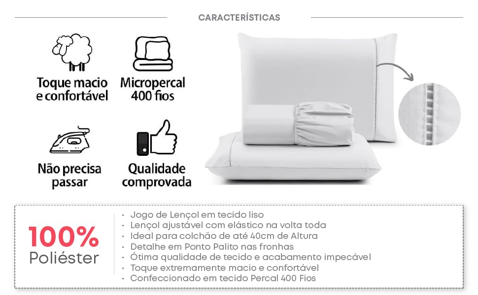Jogo de Cama King Percal 400 Fios Ponto Palito 03 Peças
