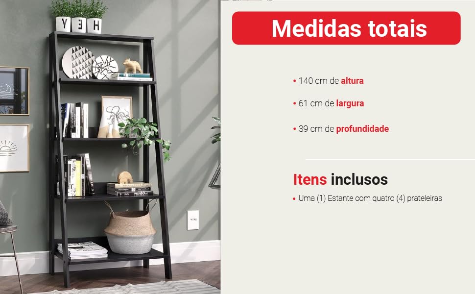  Estante Escada Cavalete Madesa para Livros com 4 Prateleiras - Preto 