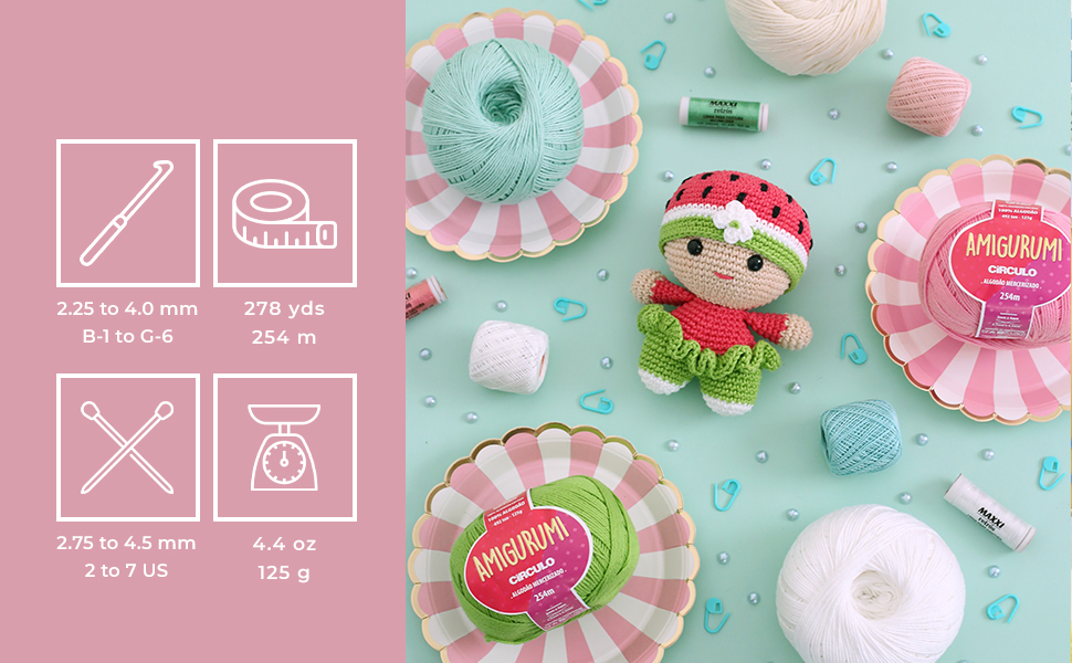 O fio Amigurumi tem uma boa metragem e peso - 278 metros, 254 m, 125 g
