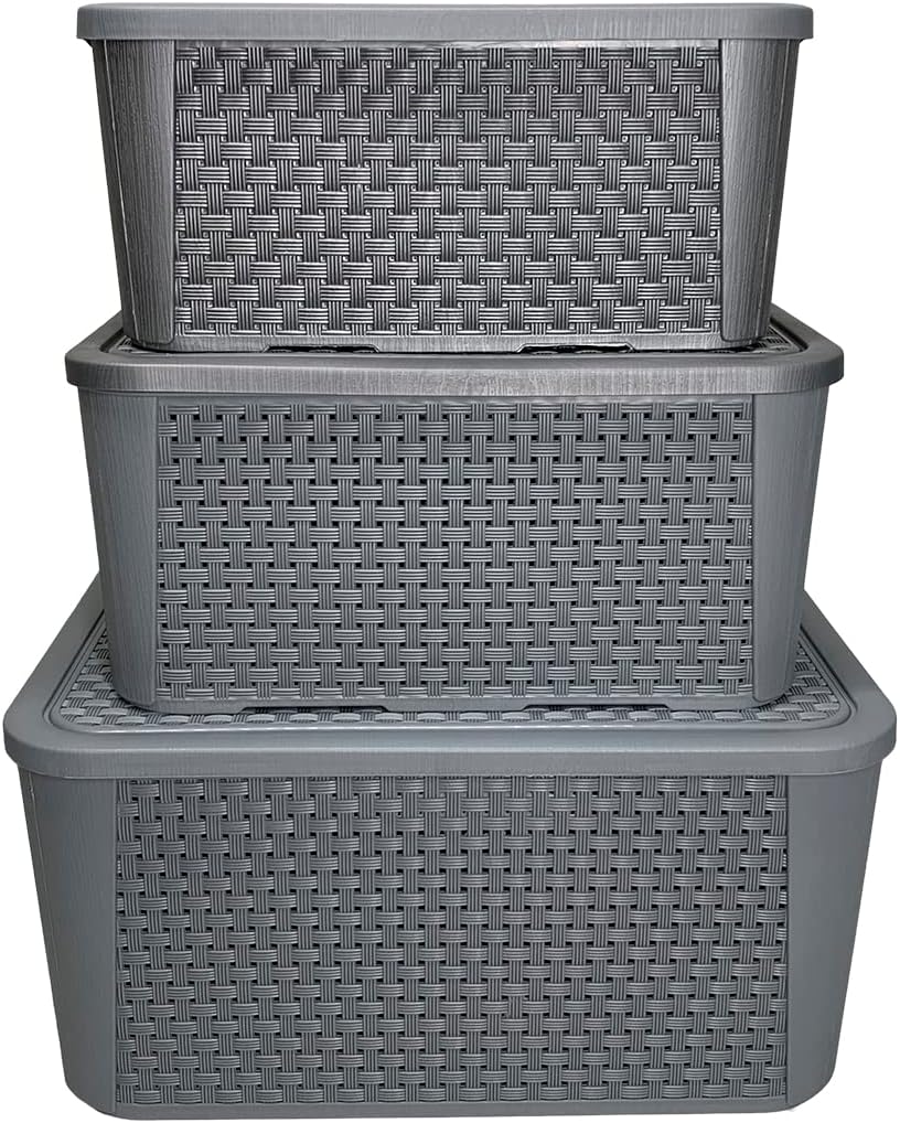 Kit 3 Caixas Organizadoras Casa Decoracao Rattan Cinza Pequena Media