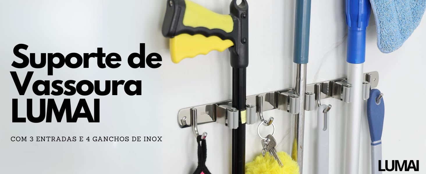Porta Vassouras de Parede com Ganchos Suporte de Parede para Vassouras em Aço Inox Vassoureiro