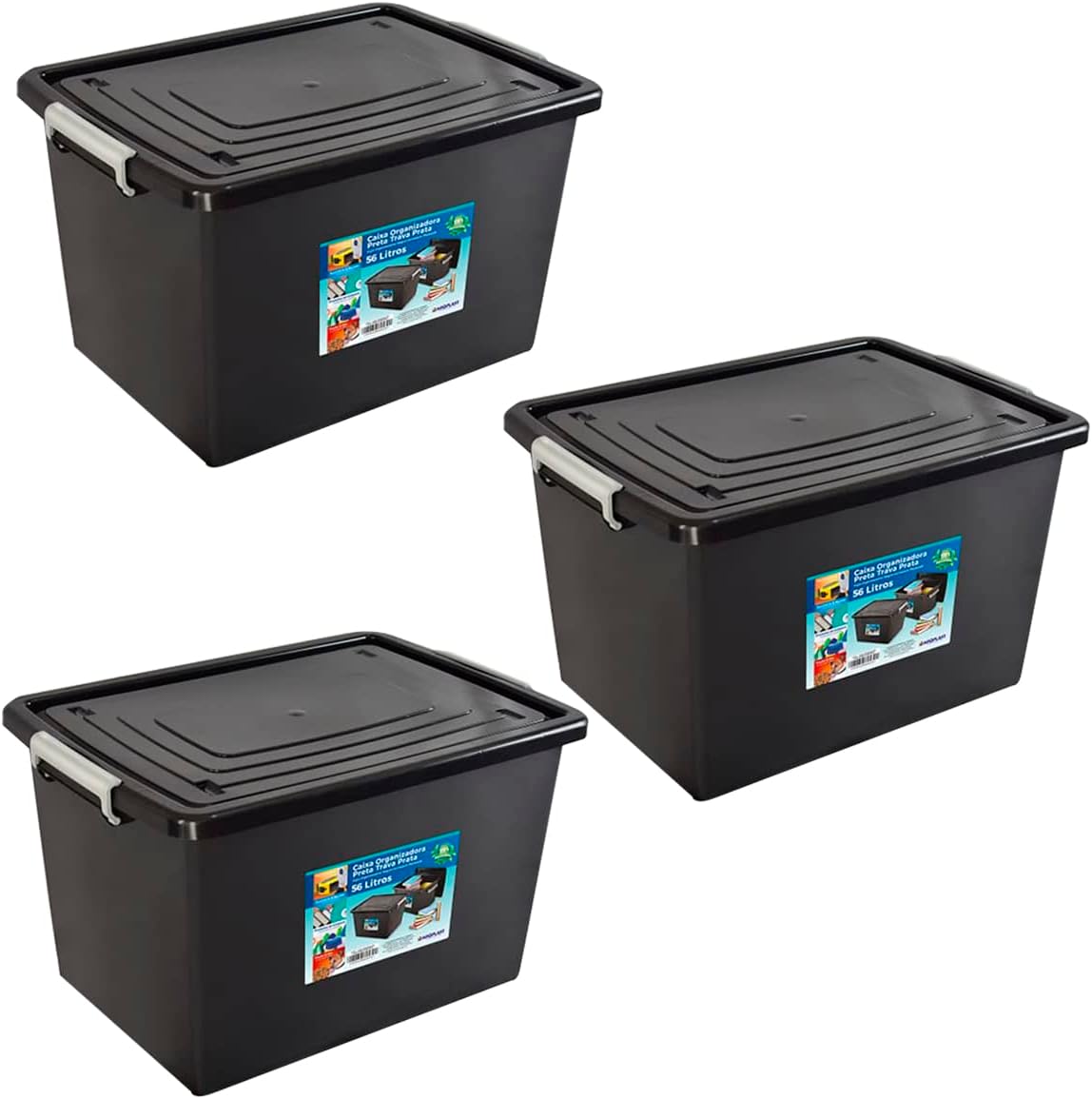 Kit 3 Caixas Organizadoras 56 Litros CTampa e Trava Preta