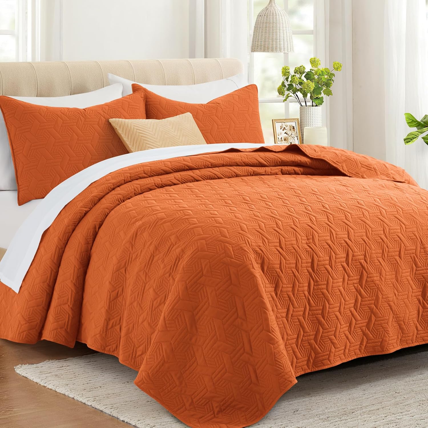 Lavsiry Conjunto de cama casalqueen de laranja queimado colcha acolchoada