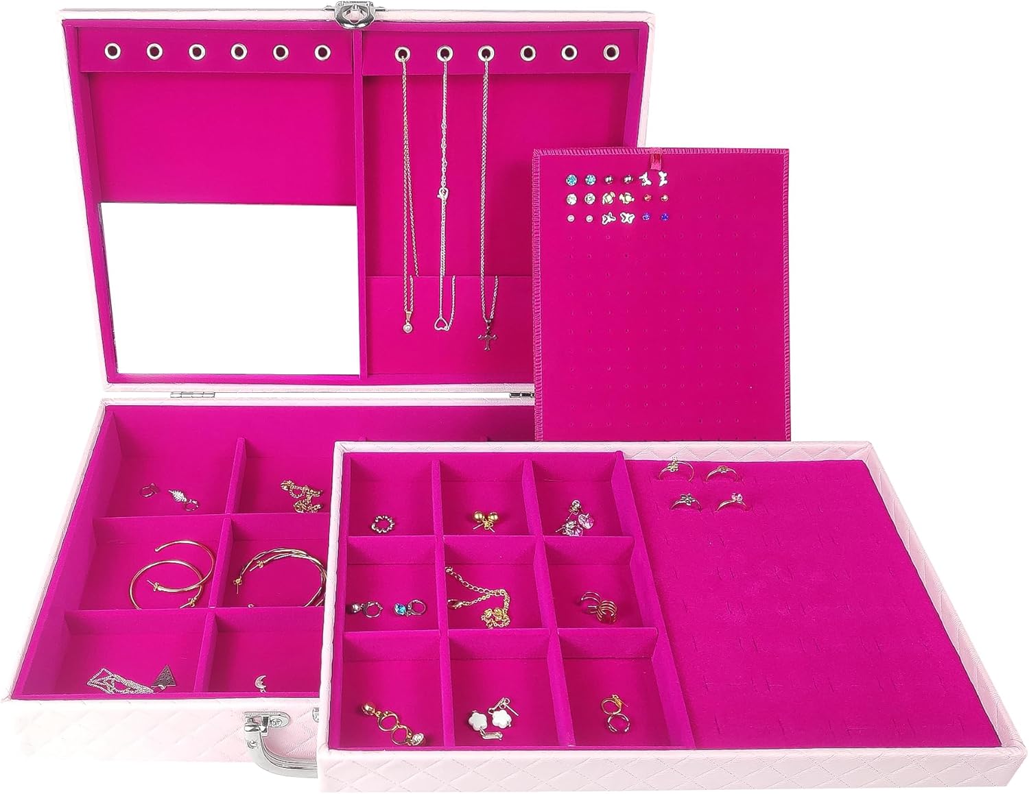 1747823900 25 Estojo Maleta Para Joias Duplo Grande Rosa com Interno Aveludado