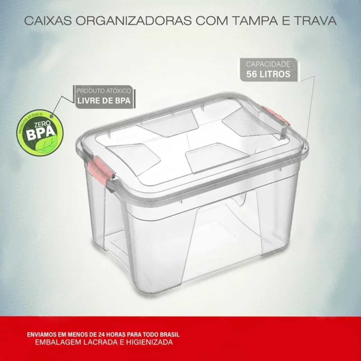 Caixa Organizadora Multiuso Transparente Grande 56L Resistente CTampa e Travas