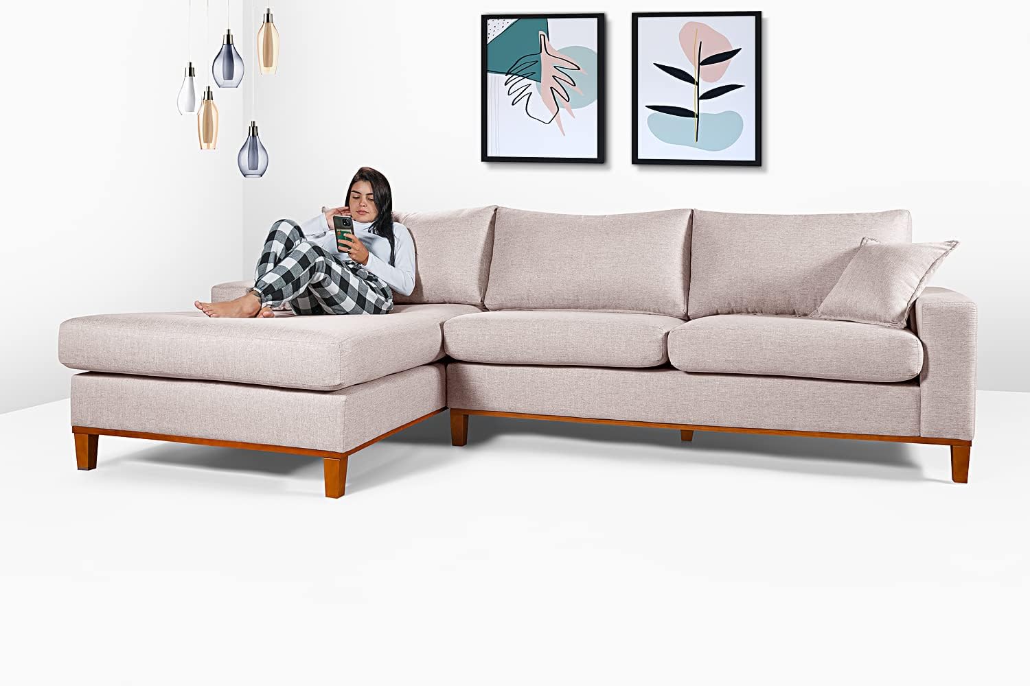 Sofa California 4 Lugares Living Chaise Linho Lado Direito Champagne