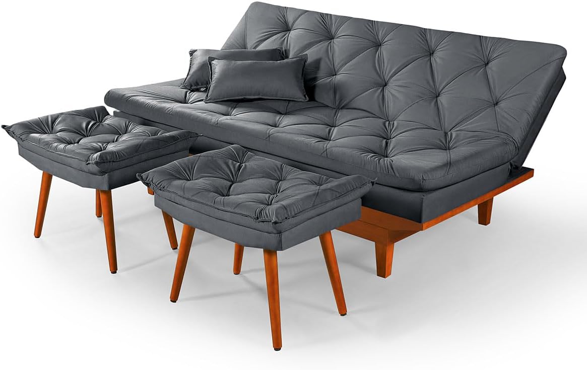 Sofa Cama Caribe 3 Lugares Com 2 Banqueta Tecido Suede