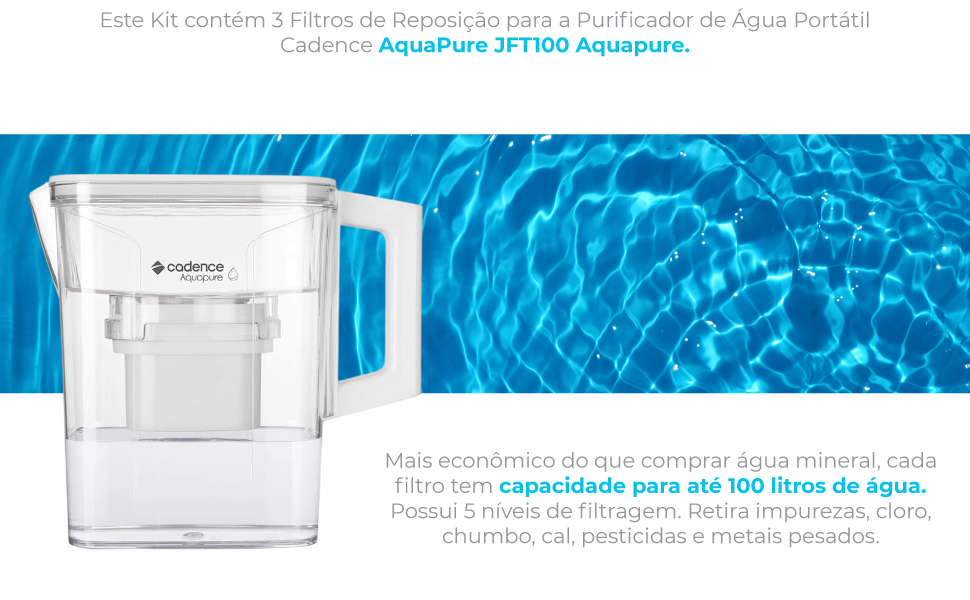  Kit com 3 Filtros para Purificador Portátil Cadence AquaPure 