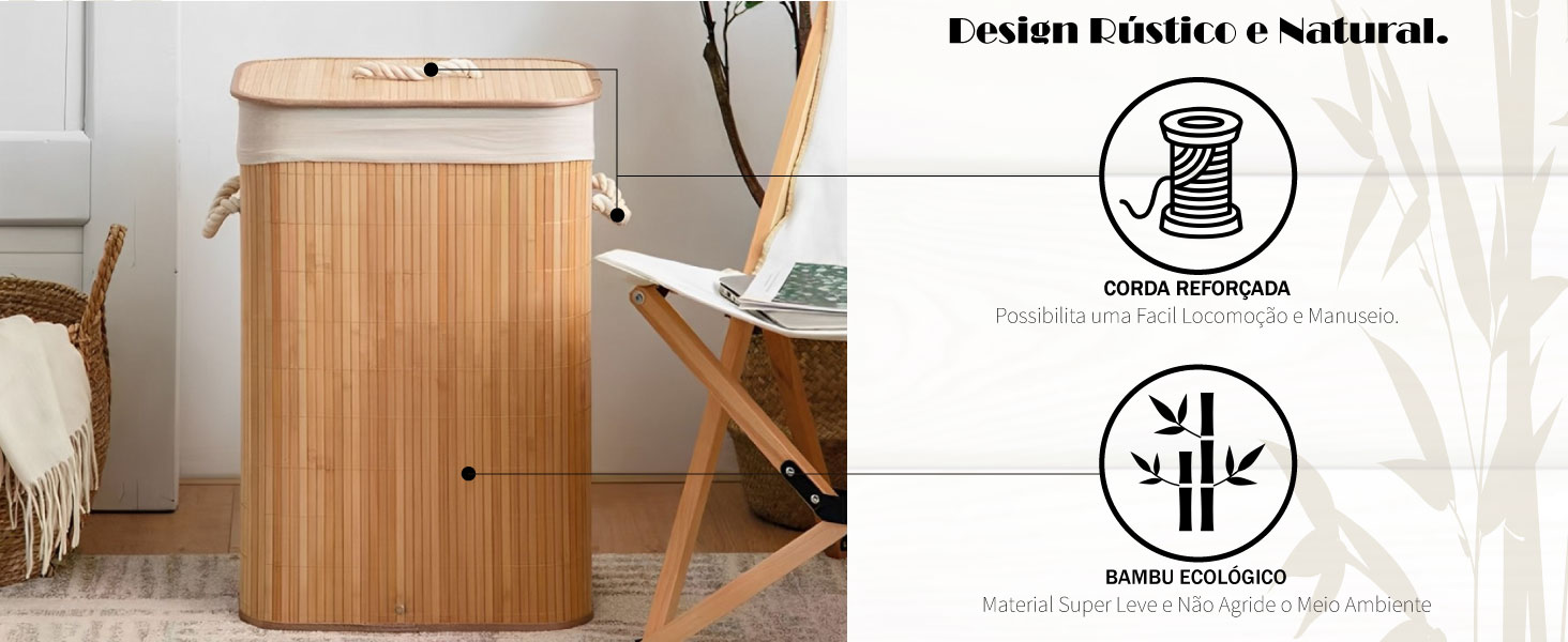 Cesto De Bambu Duplo Retangular Com Tampa E Alça De Lavanderia Banheiro Balaio Roupa Suja Lavabo