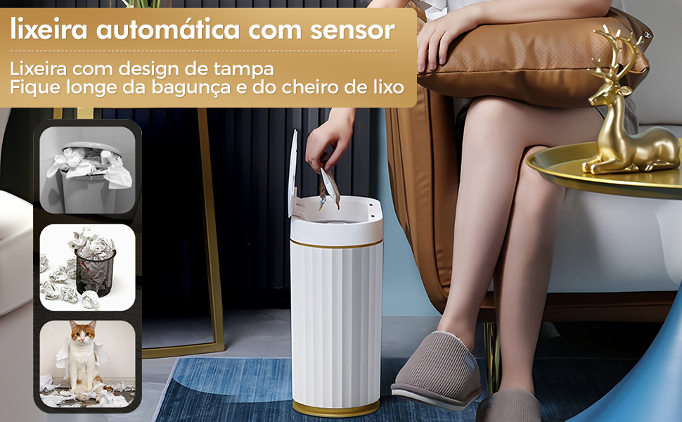Lixeira 7 litros automática com bateria recarregável e sensor inteligente de aproximação para abrir