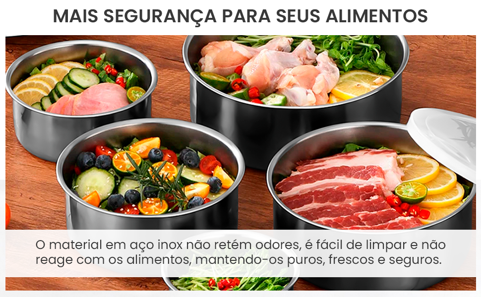 Conjunto de Tigelas Inox Allice Royale - 5 Peças c Tampa Versátil para Cozinha Moderna