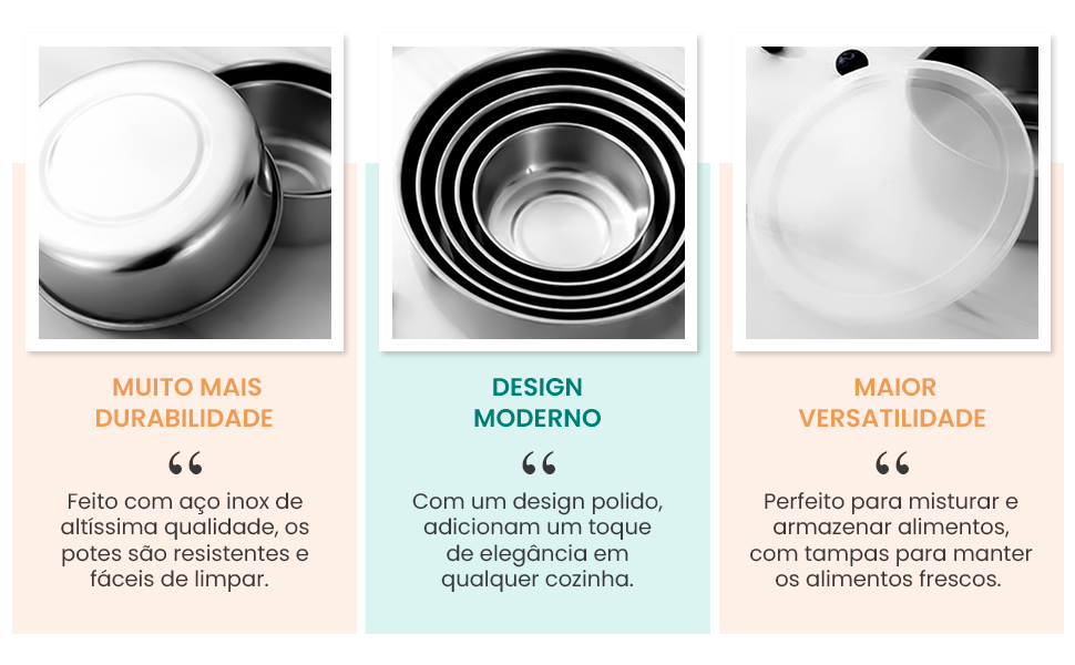 Conjunto de Tigelas Inox Allice Royale - 5 Peças c Tampa Versátil para Cozinha Moderna