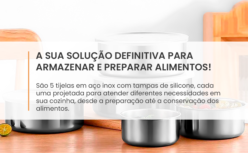 Conjunto de Tigelas Inox Allice Royale - 5 Peças c Tampa Versátil para Cozinha Moderna