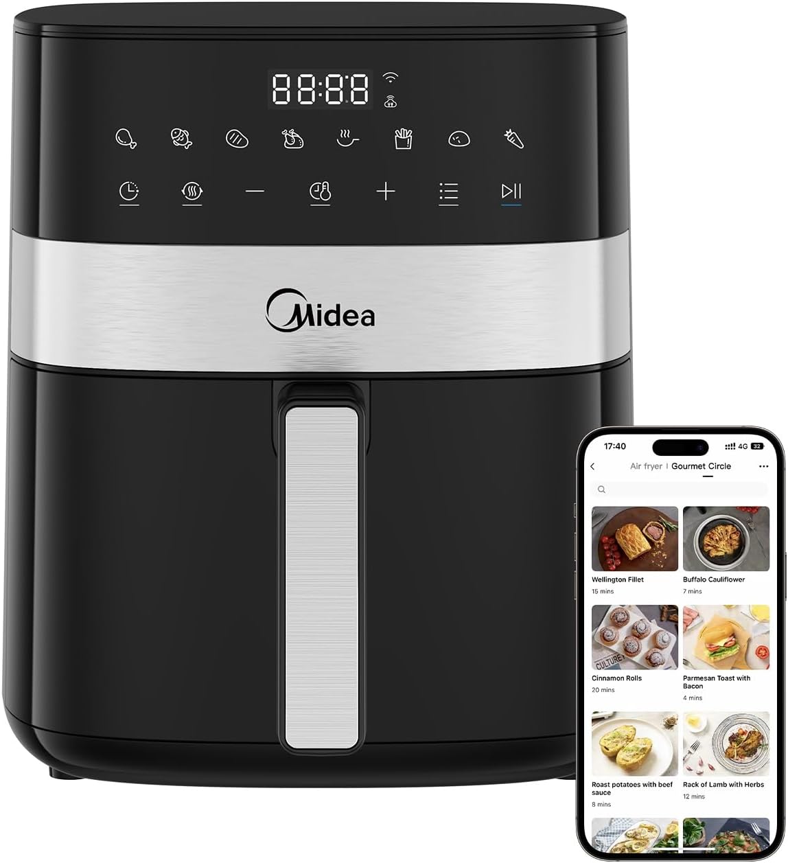 Midea Air Fryer Fritadeira 6L, 9 Menus Predefinidos, Tela de Toque LED ...