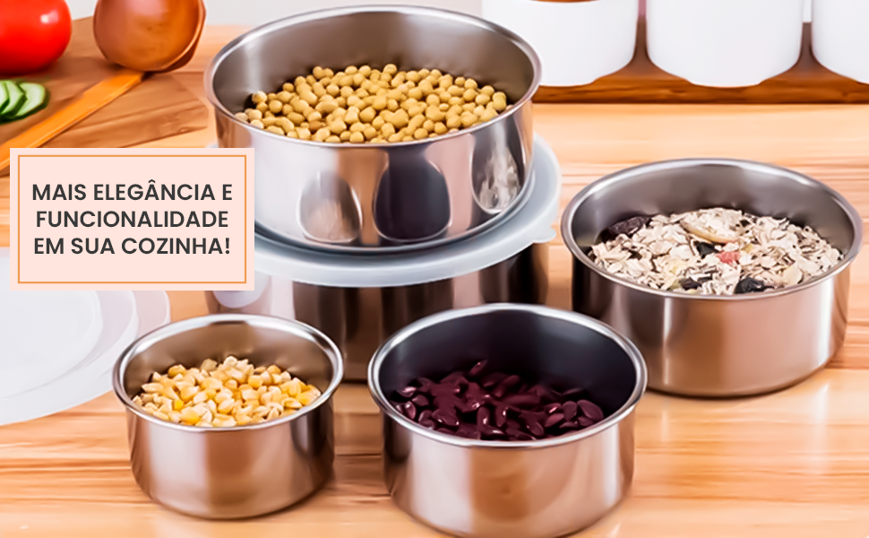 Kit Tigelas Inox Allice Royale - 5 Peças c Tampa Versátil para Cozinha Moderna