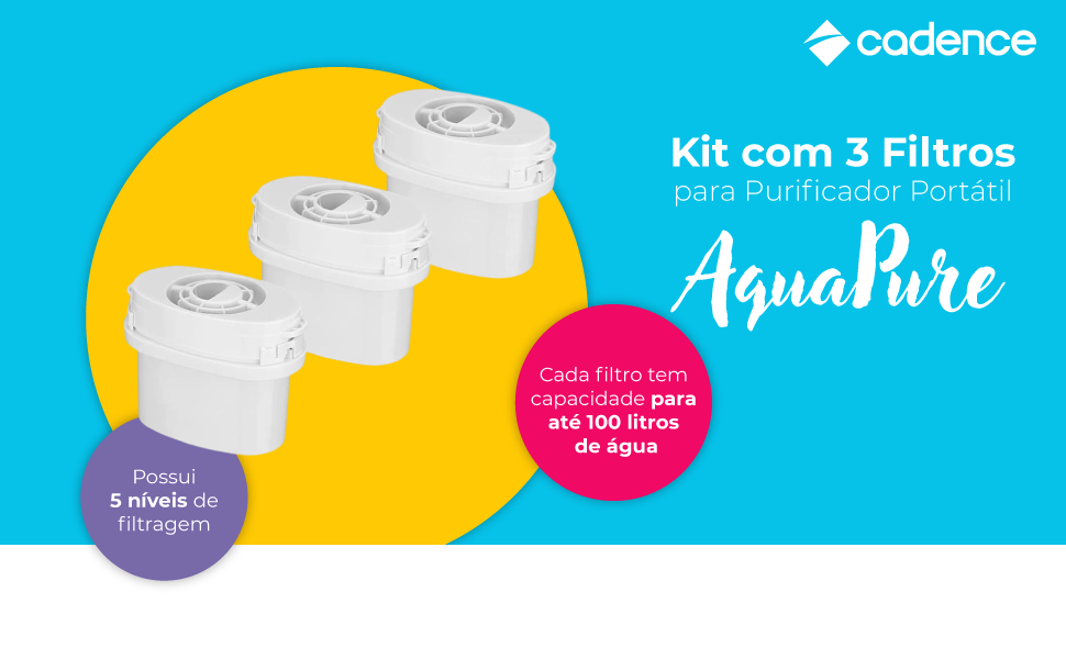  Kit com 3 Filtros para Purificador Portátil Cadence AquaPure 