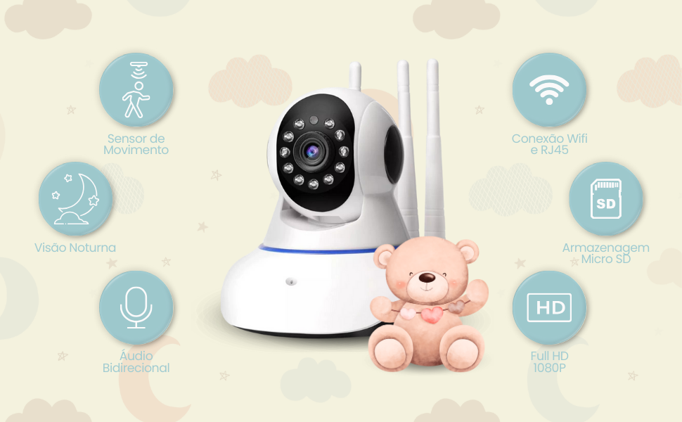 sensor de movimento, câmera com visão noturna, babá eletrônica, monitorar bebê
