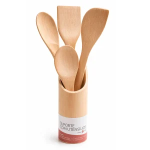 kit utensílios de bambu com suporte